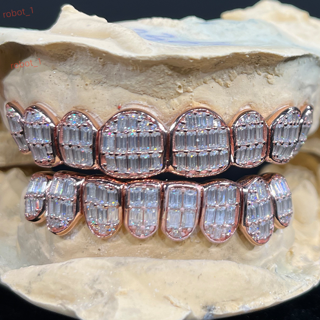 Full Iced Out Grillz for Teeth 925 Sterling Silver Custom Hip Hop Moissanite Baguette Cut Grillz