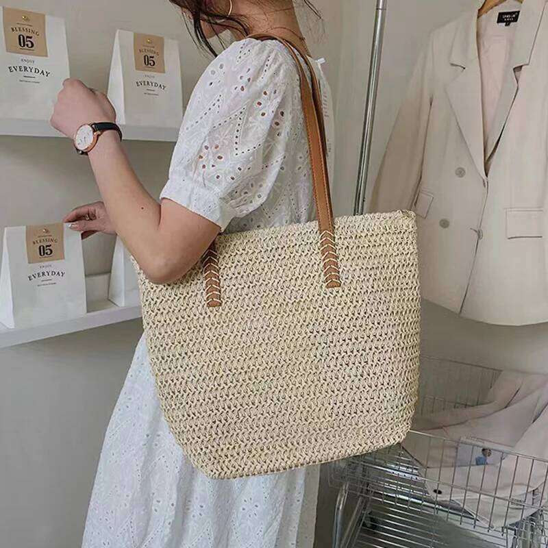 Summer Large Capacity Tote Shoulder Handmade INS Fresh Rural Handheld Grass Woven Women Bag C260207