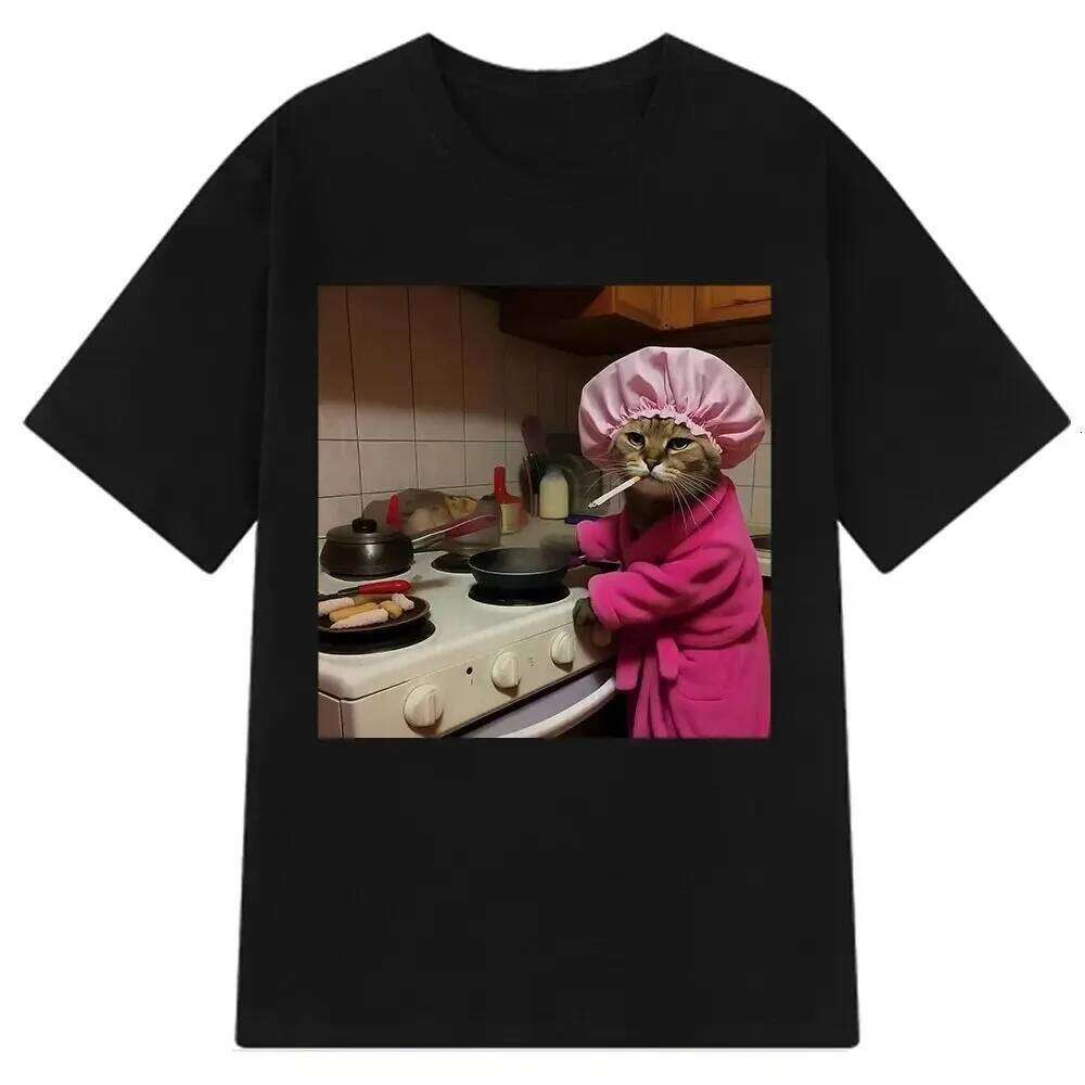 Funny Housewife Cat Meme PrintedT-Shirt Women Vintage Short-sleeved Fashion Harajuku Casual Summer T-shirts Clothing Tops C260207