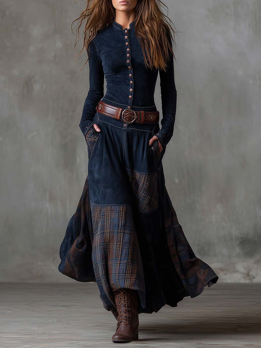 Fashion Button Draped Maxi Dress Elegant O-neck Long Sleeve Pocket Long Dress Vintage Checkered Print Patchwork Slim Party Dress R260208