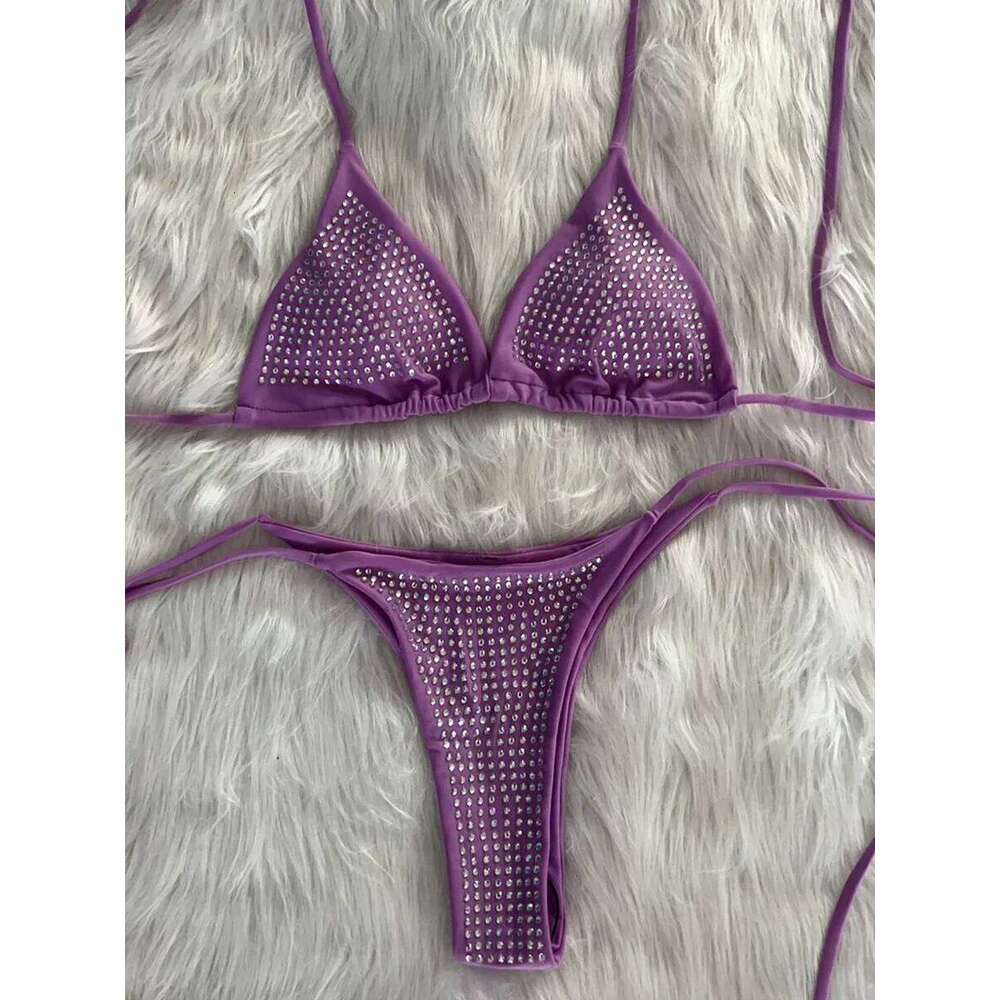 Shiny Sequins Wrap Around Jewelled Women Swimwear Female Swimsuit Two-pieces Bikini Set Halter Bathing Suit Swim Trend C260207