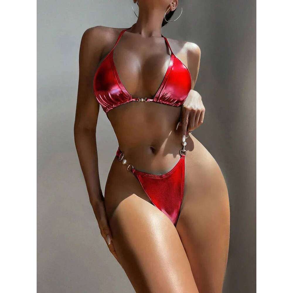 Sexy Micro Bikini 2024 Women Swimwear Metallic Halter Triangle Bikinis Sets Thong Swimsuit Female Bathing Suit Brazilian Biquini C260207