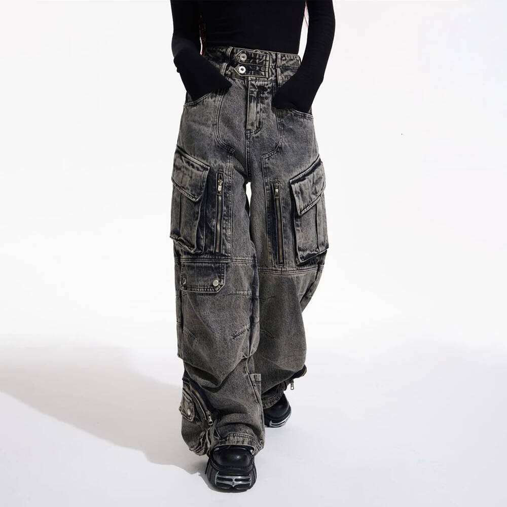 Men Gothic Y2k Big Pocket Cargo Jeans Streetwear Fashion Japanese Youth Campus Wide Leg Casual Pants Male Men'S Clothing