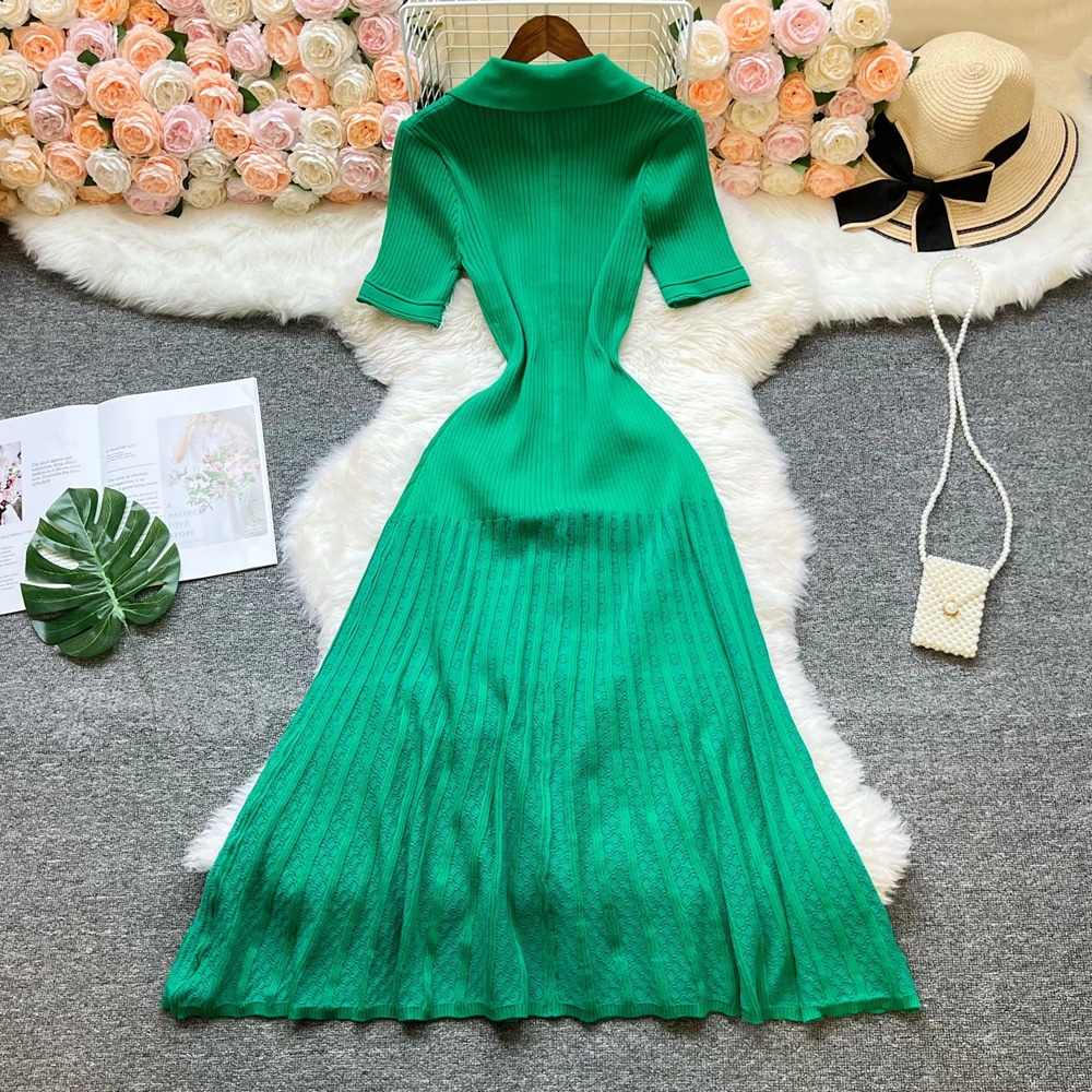 YuooMuoo Fashion Vintage Turndown Collar Knit Maxi Dress Elegant Singlebreasted Aline Long Shirt Lady Vestidos 260127