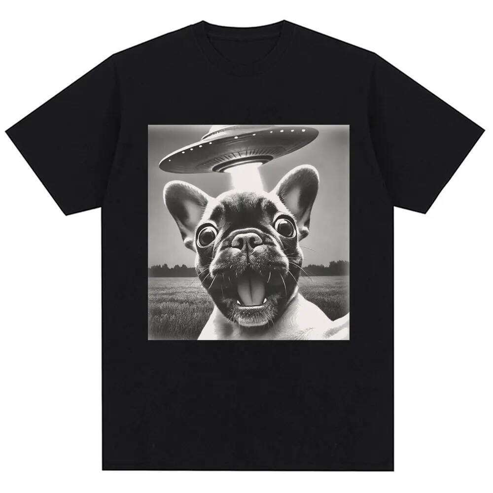 French Bulldog UFO Funny Meme Graphic T-shirt Vintage Fashion Women Short Sleeve Oversized Summer TShirts Streetwear Personality C260207