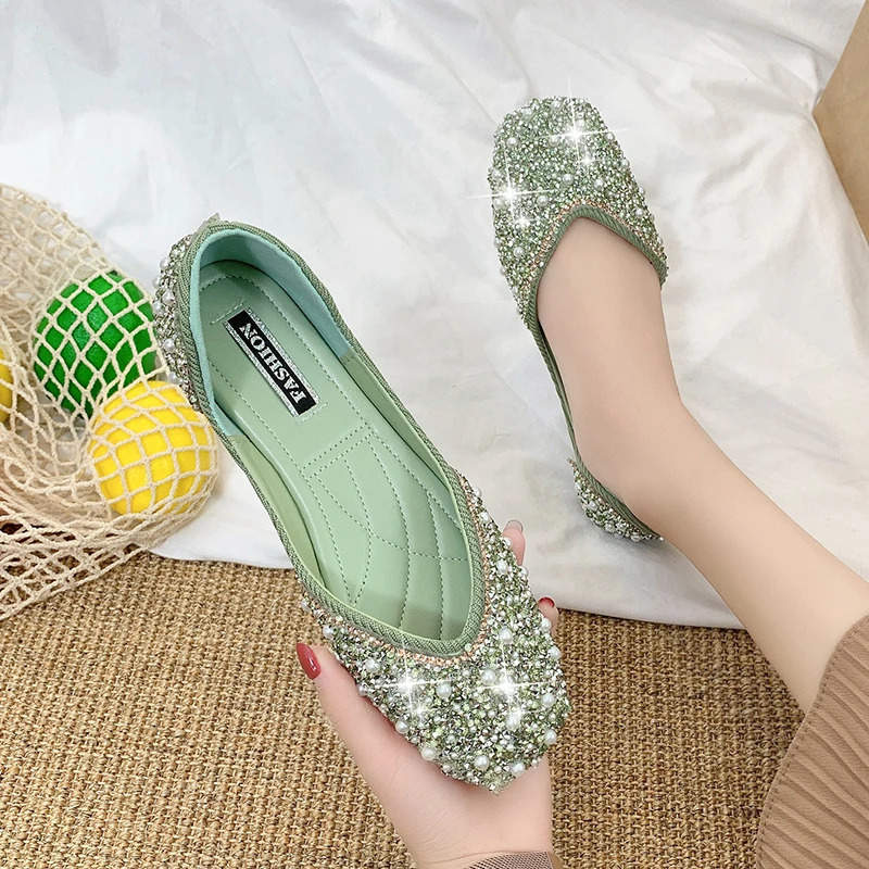 Fashion Woman Ballet Flats Shoes Rhinestone Loafers Flat Pointed Toe Shoes Female Casual Slip on Flats Footwear Boat Shoes 260124