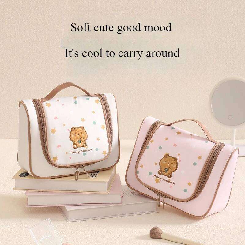2025Milk tea bear curved cover hook toiletry travel storage cartoon cosmetic bag large capacity Y260206