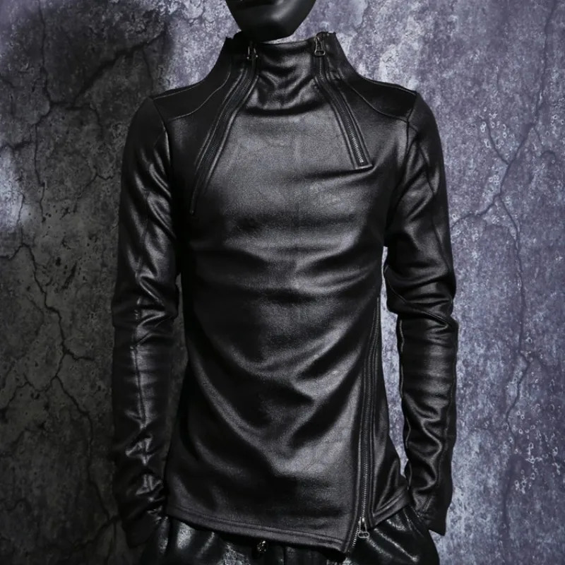 Autumn Winter Men Stand Collar Warm Fleece Lining Jacket Pullover Gothic Slim Fit Punk Coat Black Motorcycle Pu Leather 260205