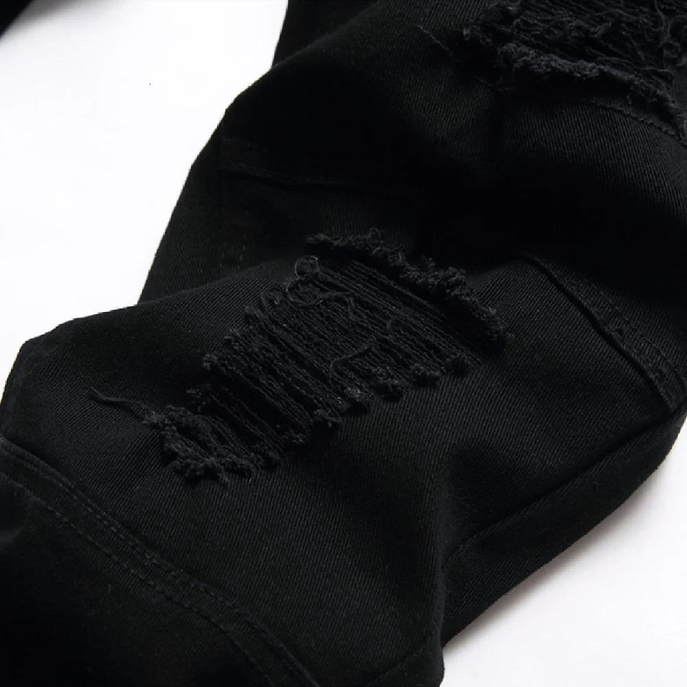 Men Black Stretch Skinny Fit Pencil Jeans Trousers Knee Ripped Distressed Motorcycle Biker Jeans Pants For Mens 260122