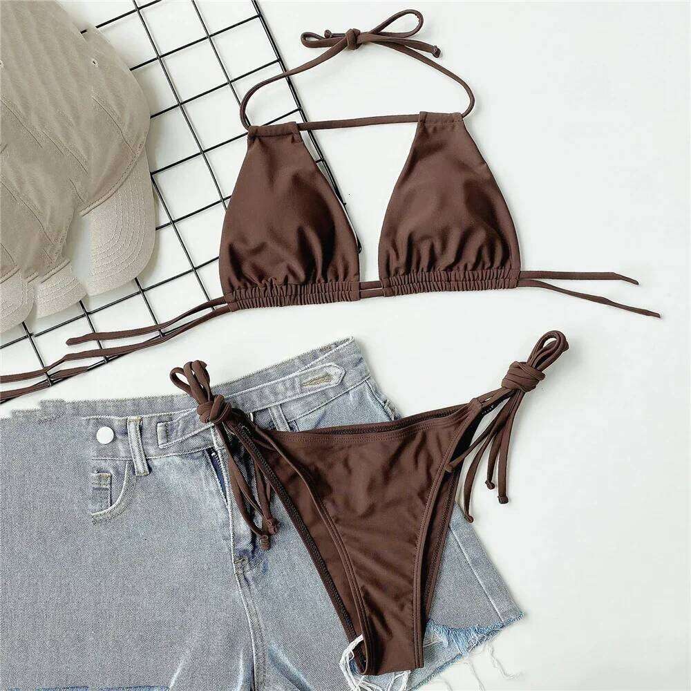 Sexy Brown String Halter Micro Thong Bikinis Sets Lace-up Swimsuit Hollow Out Swimwear Women 2026 Biquinis Bathing Suit Bikini C260207