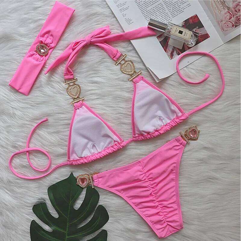 Sexy Rhinestones Bikinis Swimsuits With Headband Women Swimwear Female Push Up Bikini Beach Swim Wear Bathing Suits Pool Bather C260207