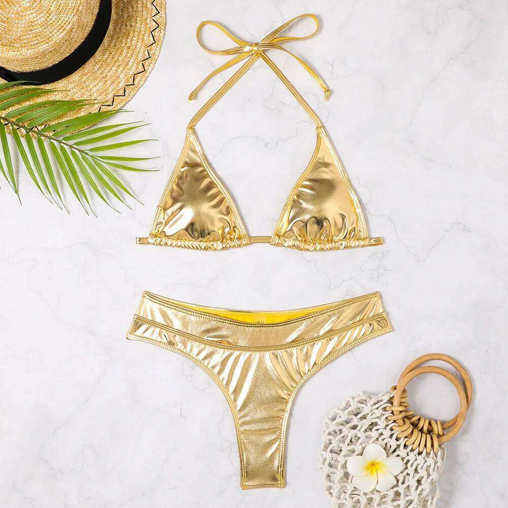 Sexy Triangle Push Up Metallic Brazilian Swimwear Women Golden Silver Side String Bikini Bathing Suit Beach Wear Biquini C260207