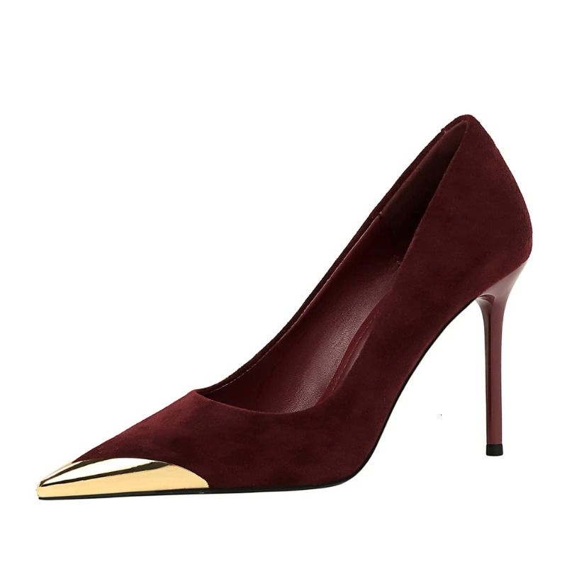 European American Banquet Womens Shoes High Heels Thin Heels Suede Shallow Mouth Metal Pointed Toe Iron Toe Slim Single Shoes 260123