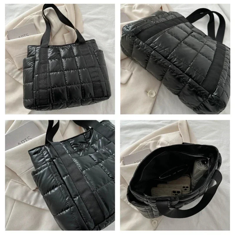 Space Padded Women Shoulder Bags For Winter 2025 Large Capacity Black Handbags er Nylon Cotton Warm Tote Solid260128