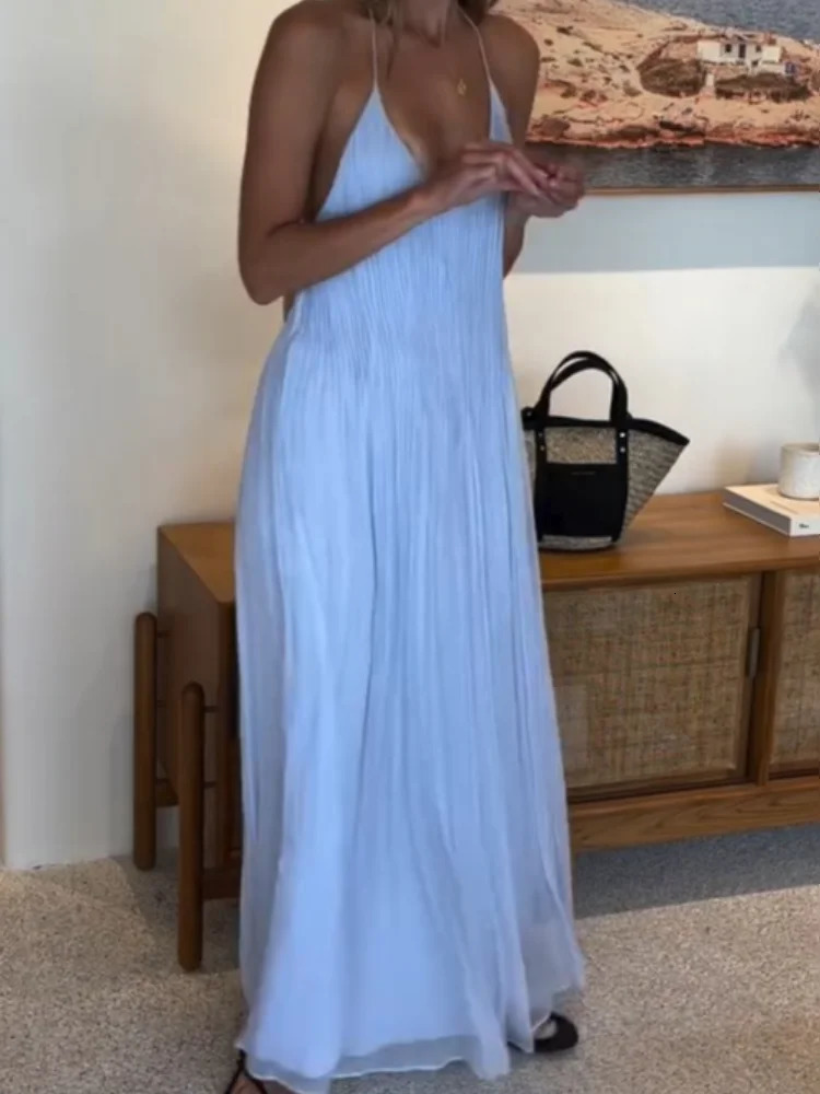 Light Blue Pleated Sling Long Dresses Women Sexy Backless Sleeveless A Line Robes Elegant Female Evening Party Club Gowns 260127