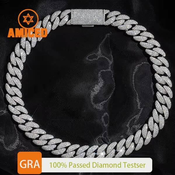 USA Local Stock 18mm 3Rows Iced Out Diamond Custom Necklace Hip Hop Jewelry 925 Silver VVS Moissanite Cuban Link Necklace