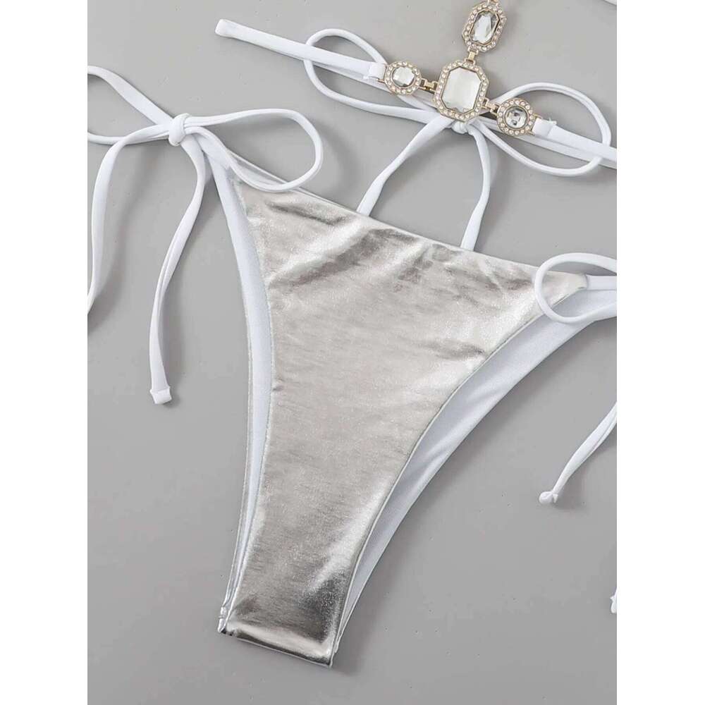 sexy metallic silver halter tie bikinis sets two pieces women thong bandage swimsuit female bathing suit swimwear biquini C260207