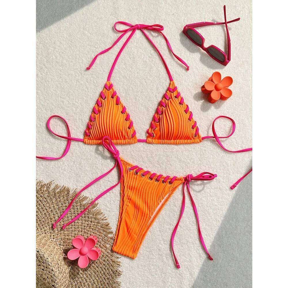 Bikinis Women Swimsuit Sexy Halter Triangle Lace Up Thong Micro Bikini Set Summer New Beachwear 2 Piece Bathing Suit C260207