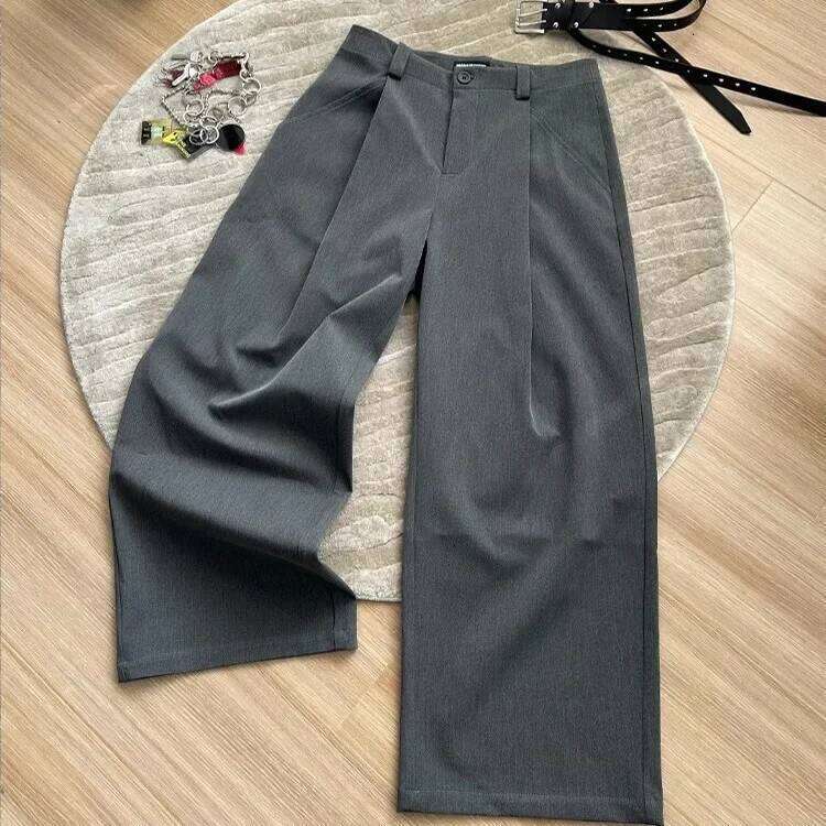 Retro Japanese Style Double Fold A- Line Straight Leg Pants Unisex Grey Draping Loose Fit Casual Trousers for Commuting
