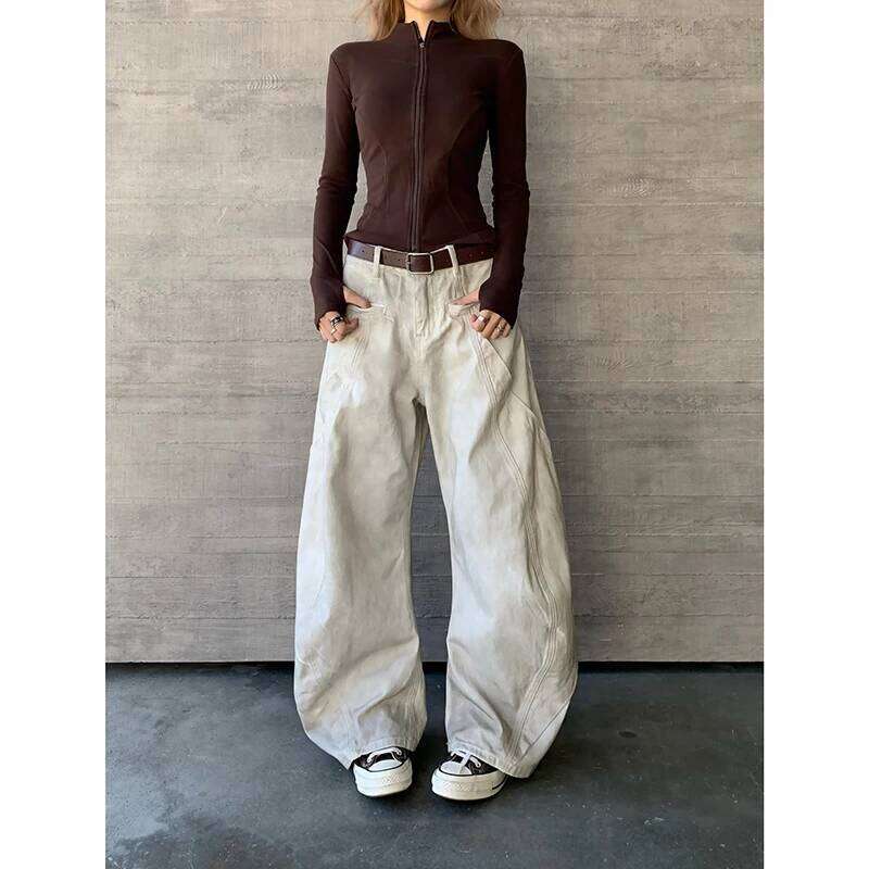 American Retro 2000s High Waist Full Length Jeans Pockets Hip-hop Baggy Cargo Pants Women Casual Y2K Grunge Street Denim Trouser