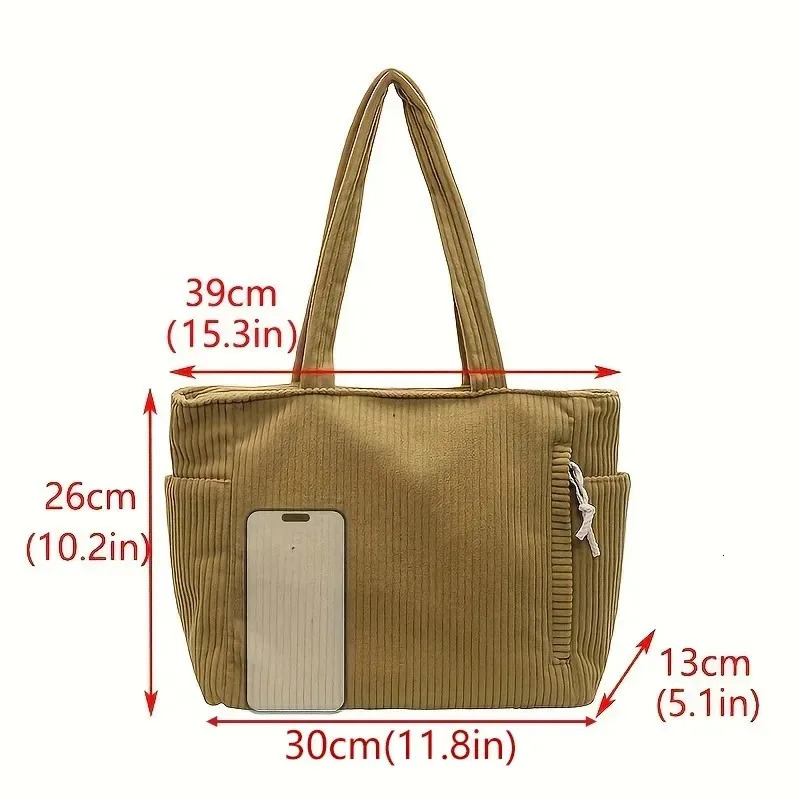 Casual Corduroy Handbag with Zipper Closure Light and Large Capacity Fixed Shoulder Strap Solid Color Daily Handbag260128
