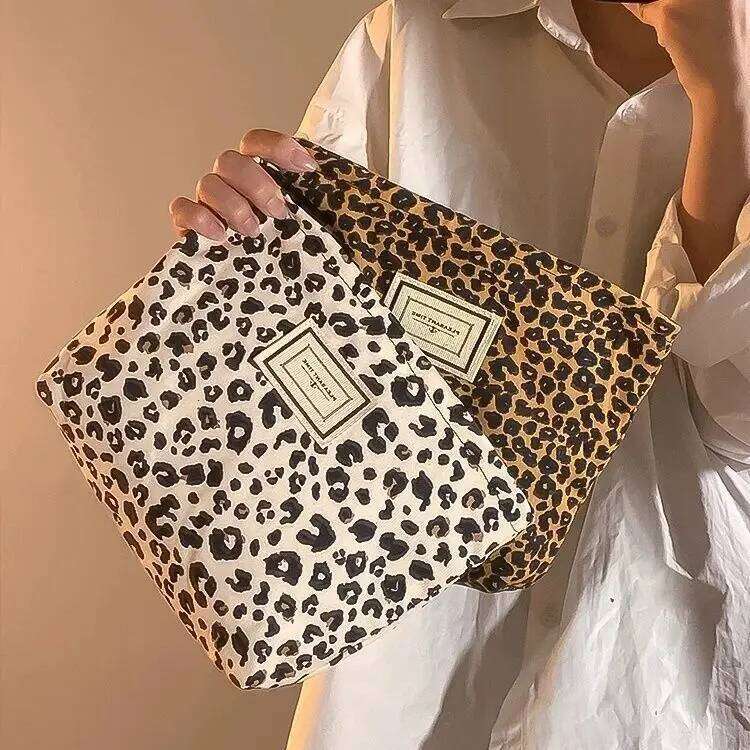Leopard Print Canvas Makeup For Women, Portable Travel, Skincare Products, Lipstick Storage Bag, Toiletry Bag Y260206