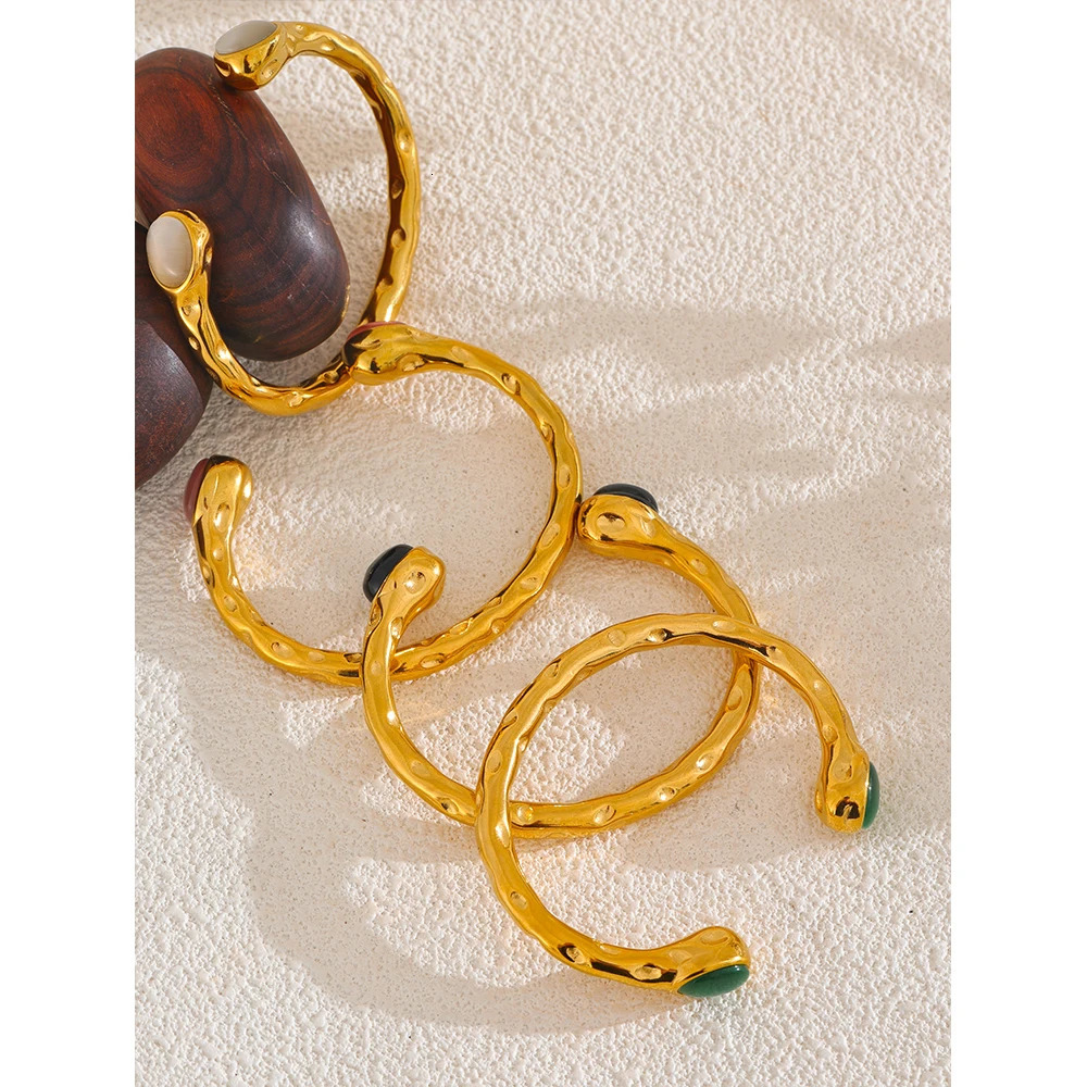 Yhpup 62mm High Quality Stainless Steel Multicolored Natural Stone Golden Cuff Open Bracelet Bangle Water Resistant Jewelry 260202