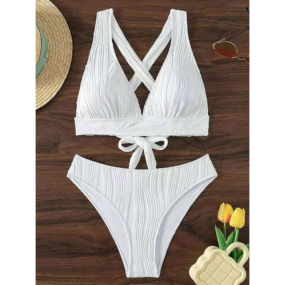 2025 Wrinkled Crinkled Women Swimwear Female Swimsuit Two-pieces Bikini Set High Cut Bathing Suit Swim Beach Wear Lady C260207