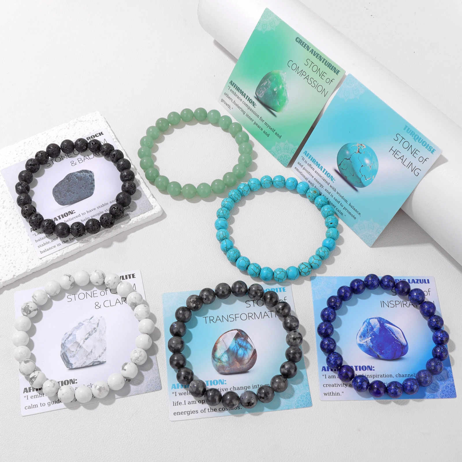 468mm Natural Blue Turquoises Beads Bracelet Smooth Round Beaded Bracelets with Card for Women Men Elastic Bangle 260130