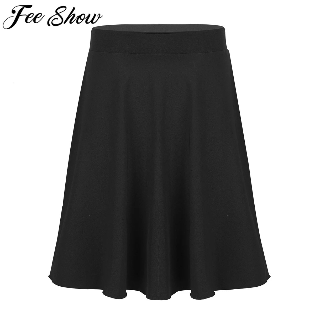 FEESHOW Kids Girls Skirts Big Solid Color Lightweight Stretchy Knee Length Full ALine Skater Skirt Casual Party Clothes 260207