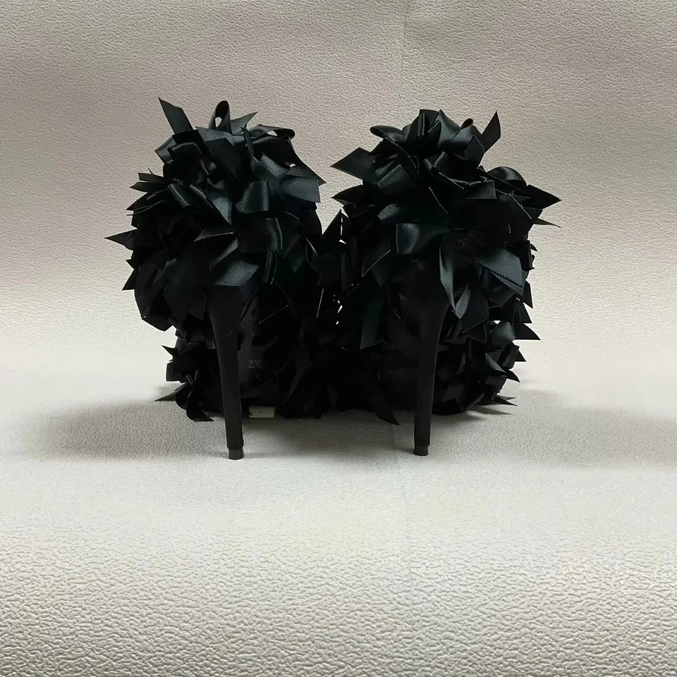 Black Satin ButterflyKnot Women Pumps 2026 Summer Fashion Shallow High Heels Pointed Toe Stiletto Heel Casual Sandals 260208