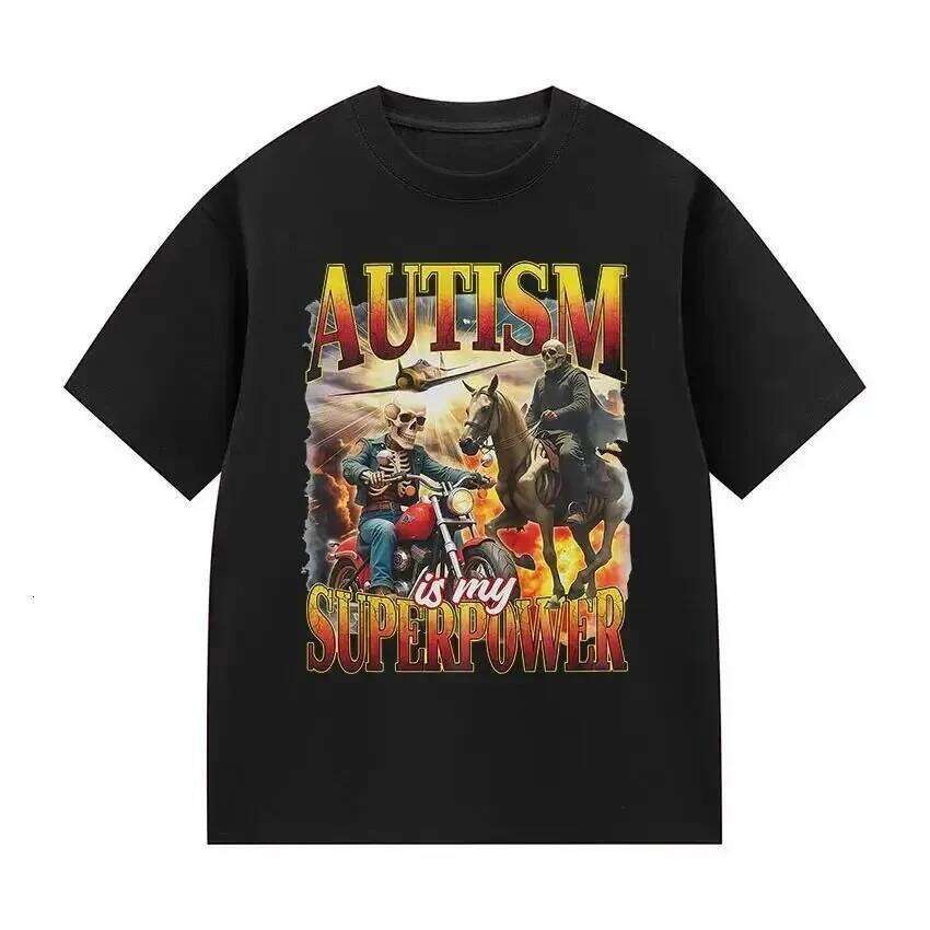 Autism Is My Superpower Gothic Pattern Fun Casual Cute Bicycle Short-Sleeve Summer Round Neck T-Shirt C260207