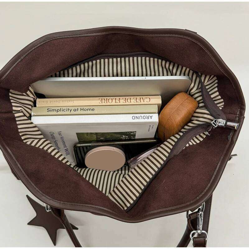 Polka Dot Suede Shoulder Women Stylish Brown Slouchy Tote Drawstring Design Magnetic Buckle Underarm Bag With Star Pendant C260207