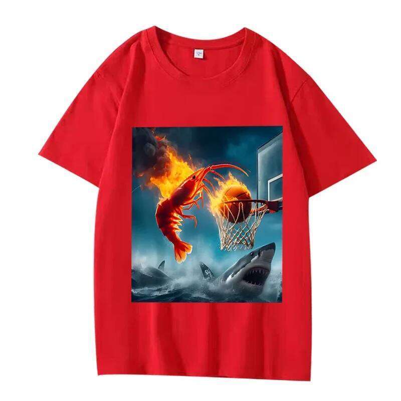 Shrimp Dunking on Shark Graphic Tee Retro Fishing Meme TShirt Women Short Sleeve Tops Aesthetic Clothes Summer Streetwear C260207