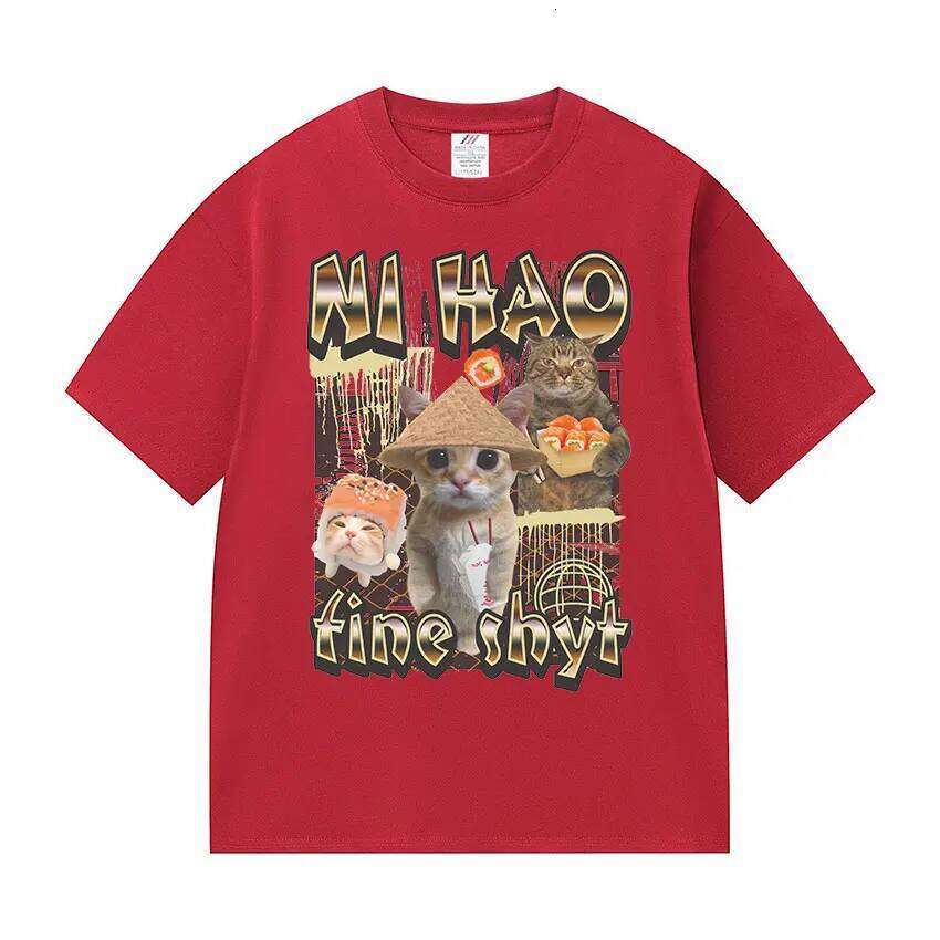 Ni Hao Fine Shyt Funny Cat Graphic T Shirt Men Women Vintage Harajuku Fashion T-shirt Summer 100% Cotton Oversized Tshirts Tops C260207