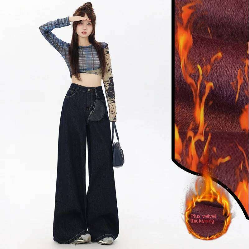 Women's Jeans 2026 Winter Retro Raw Denim Fleece-Lined Wide Leg Straight Pants Colorfast Draping Loose Warm Versatile