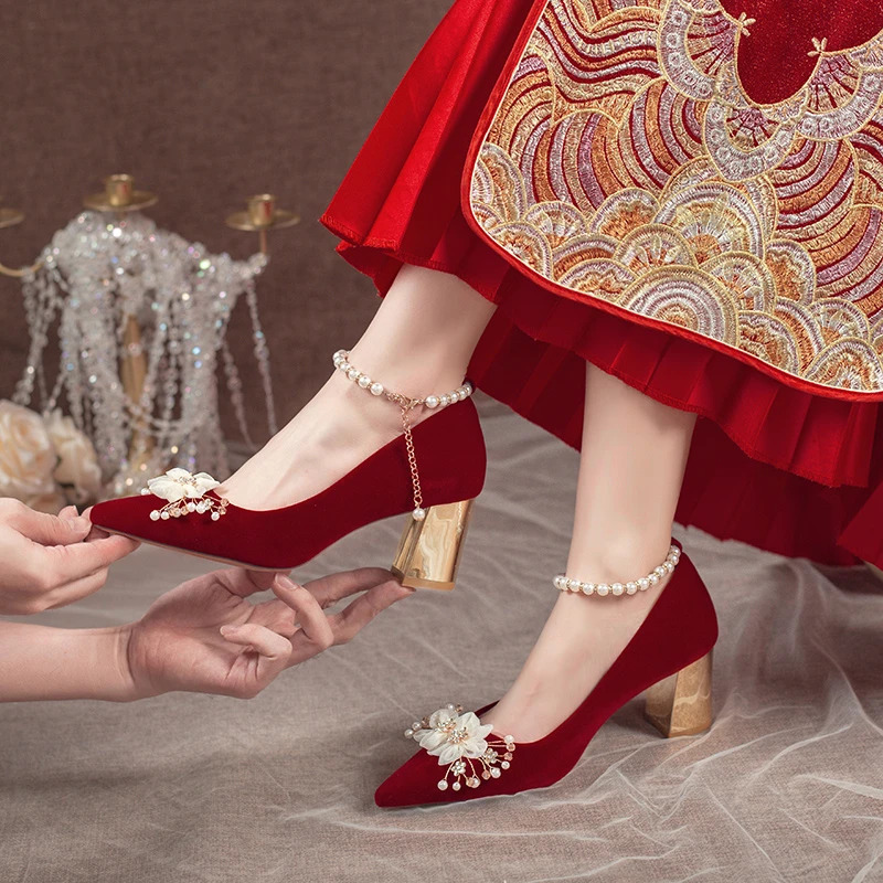 Comemore Red High Heel Chinese Style Bridal Wedding Shoe 2024 Beaded Womens Pointed Toe Pumps Fashion Pump Heels 34 260208