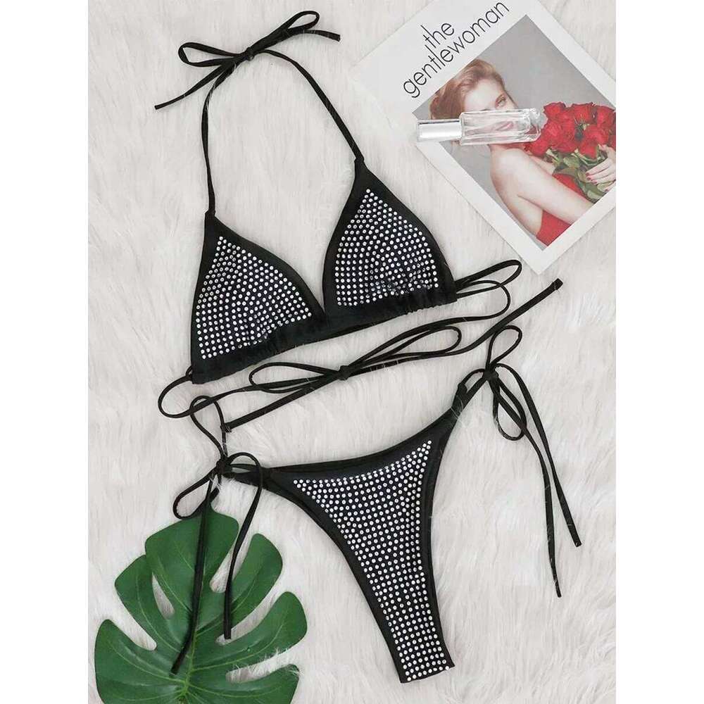 Shiny Sequins Wrap Around Jewelled Women Swimwear Female Swimsuit Two-pieces Bikini Set Halter Bathing Suit Swim Trend C260207