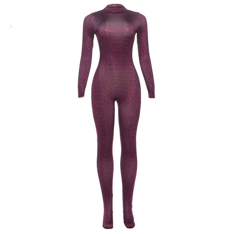 Cross-border European American style autumn and winter new women's fashion printed high-neck long-sleeve sexy high-waisted slim-fit jumpsuit