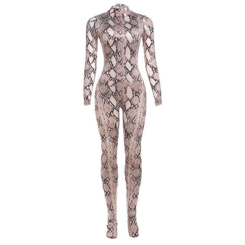 Cross-border European American style autumn and winter new women's fashion printed high-neck long-sleeve sexy high-waisted slim-fit jumpsuit