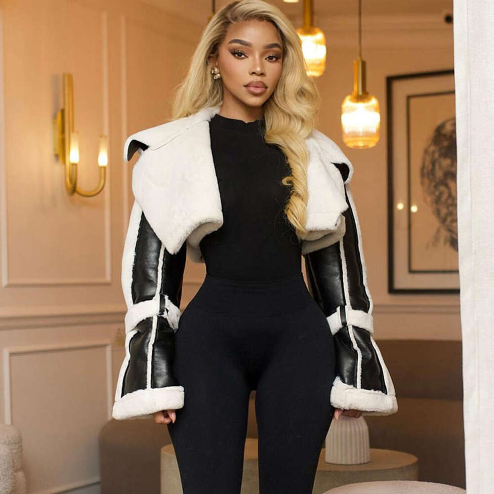 Cross-border European and American style autumn new women's fashion streetwear PU leather spliced fur collar cropped jacket
