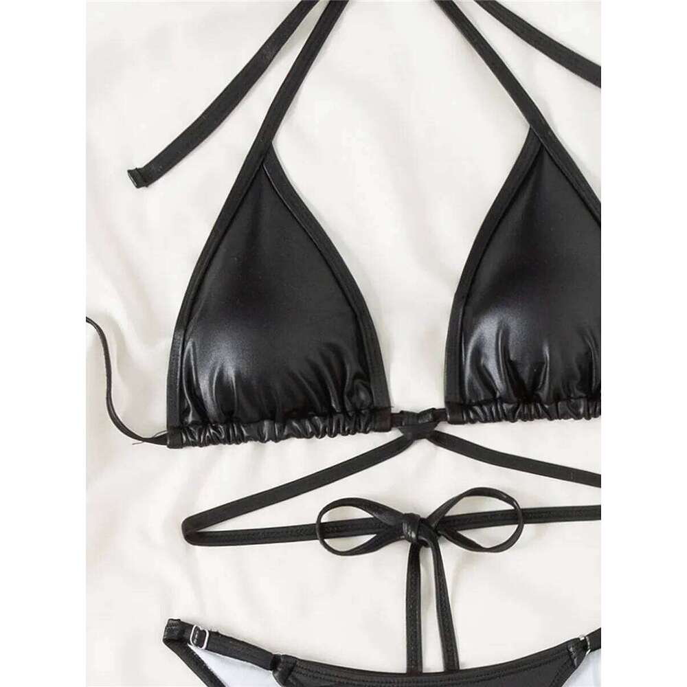 XS - L PU Faux Leather High Cut Female Swimsuit Women Swimwear Two-pieces Bikini Set Halter Bather Bathing Suit Swim Lady C260207