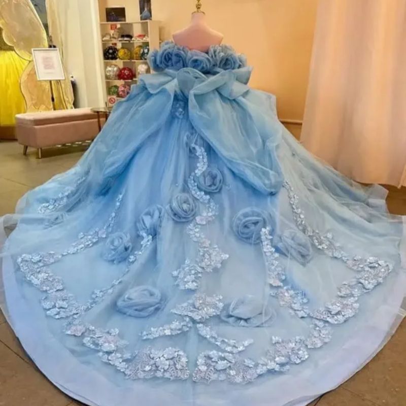 Blue Quinceanera Handmade 3D Flowers Ruffles Applique Beads Tulle Court Train Sweet 16 Birthday Party Dresses 4F08