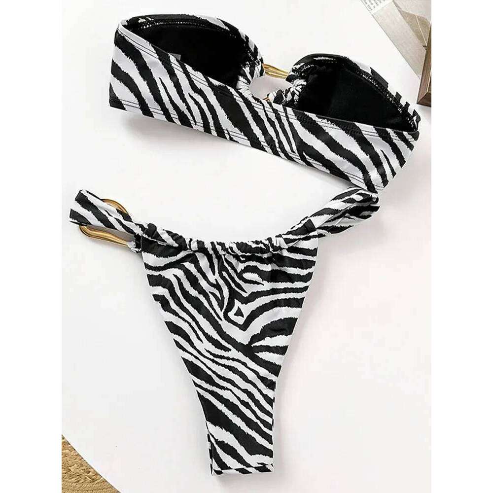 Sexy Striped Strapless 2 Piece Women Split Swimsuit High Waist Beach Bikini 2025 New Summer Swimwear Bikinis Set C260207