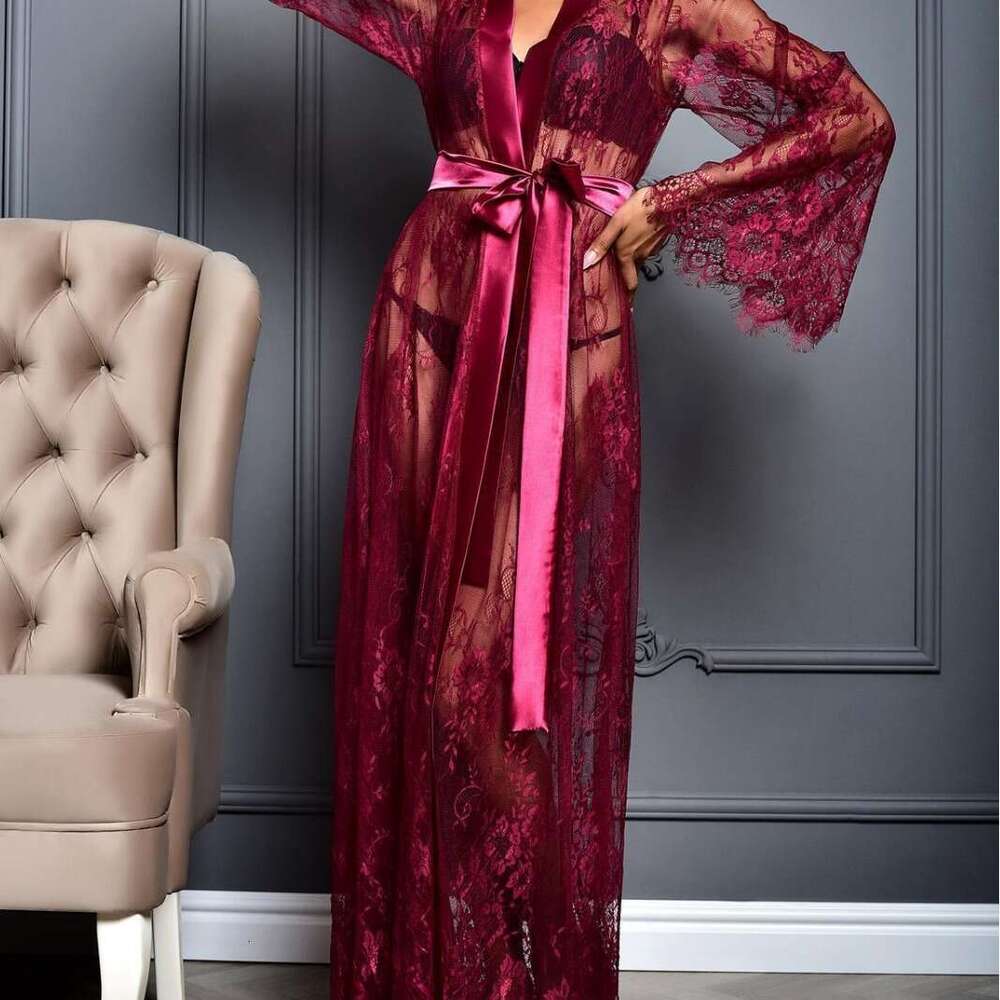 Sexy Black Lace Long Robe Women Sheer Kimono with V-Neck, Flared Sleeves & High Slit, Elegant Lingerie Set for Intimate Moments & Romantic Nights