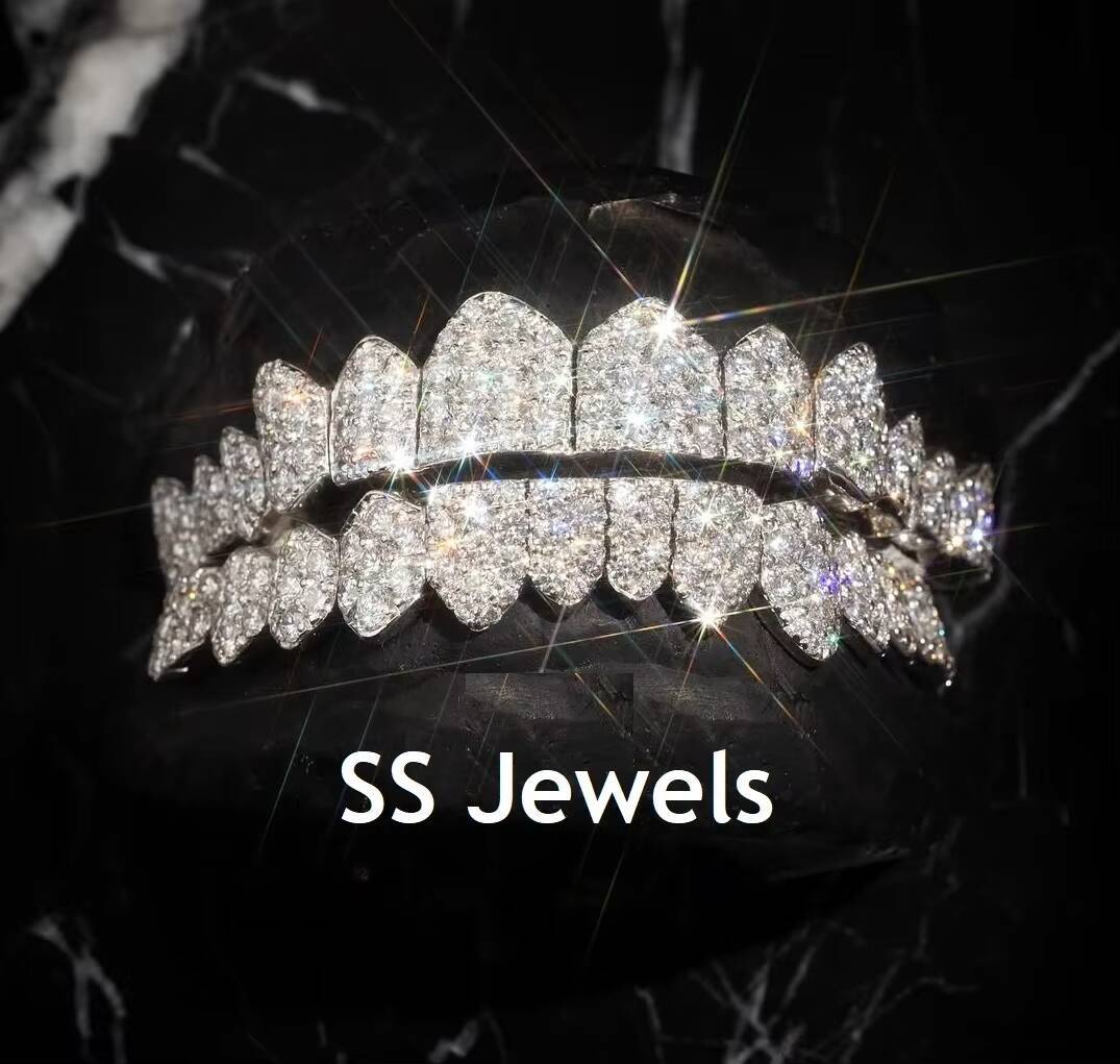High Quality VVS Moissanite Diamond Round Brilliant Cut Sterling Silver Rhodium Plated 24 Teeth Grillz Jewelry