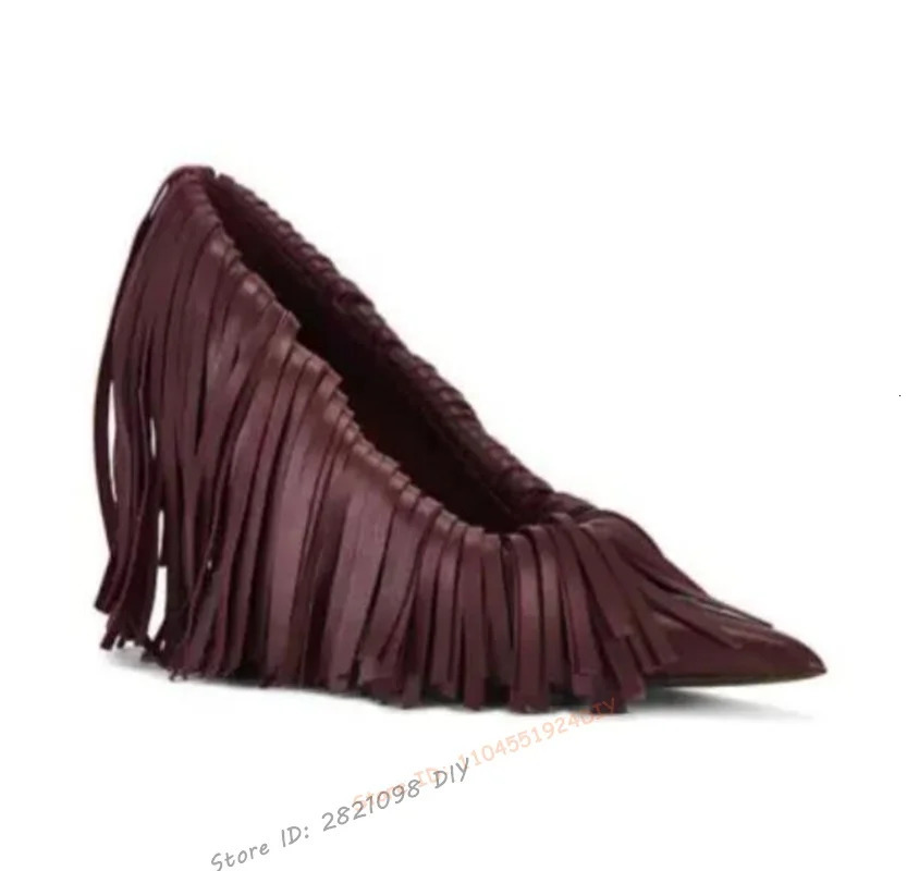 Wine Red Leather Tassel Thin Heeled Stiletto Pointed Toe Pump Fringe Fashion Party Shoes 260208