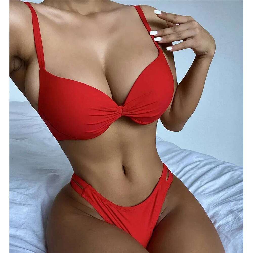 Sexy Red Push Up Swimsuits Women Bikinis Sets 2025 Mujer Swimwear Ruched High Cut Bathing Suit Biquinis Underwire Bikini Bathers C260207