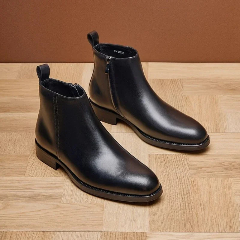 High Top Mens Chelsea Boots Genuine Leather British Business Formal Dress Shoes Winter Autumn Cowhide 260208