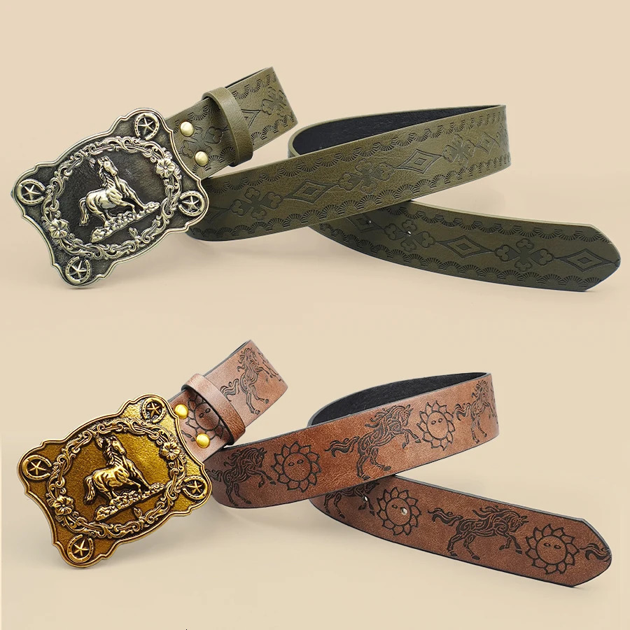 Western Cowboy Style Street Belt - Equestrian Carved Vintage Print Waistband for Daily Wear Commute Casual Outfits 260124